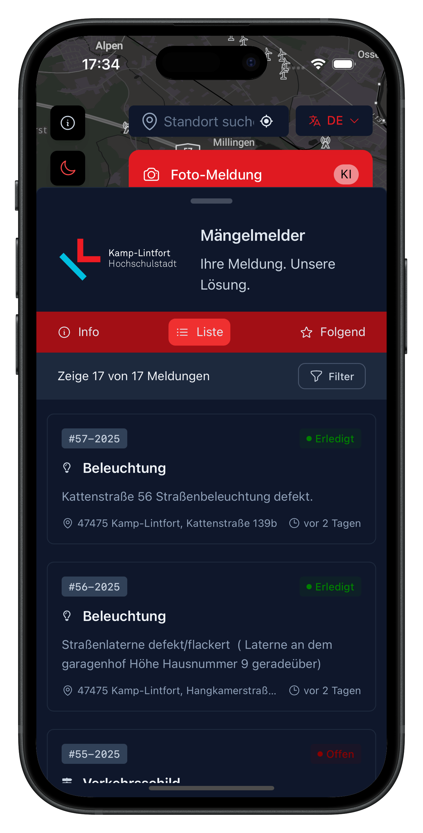 Screenshot: Mängelmelder Kamp-Lintfort mit Kartenansicht und Kategorien (anliegen.kamp-lintfort.de)