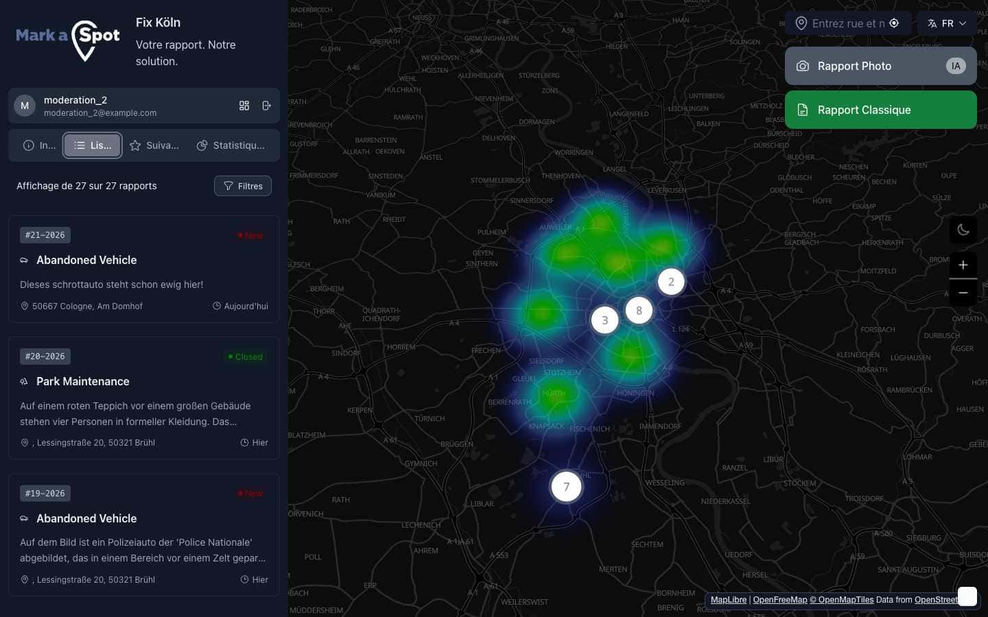 Vue détaillée du signalement avec localisation et statut