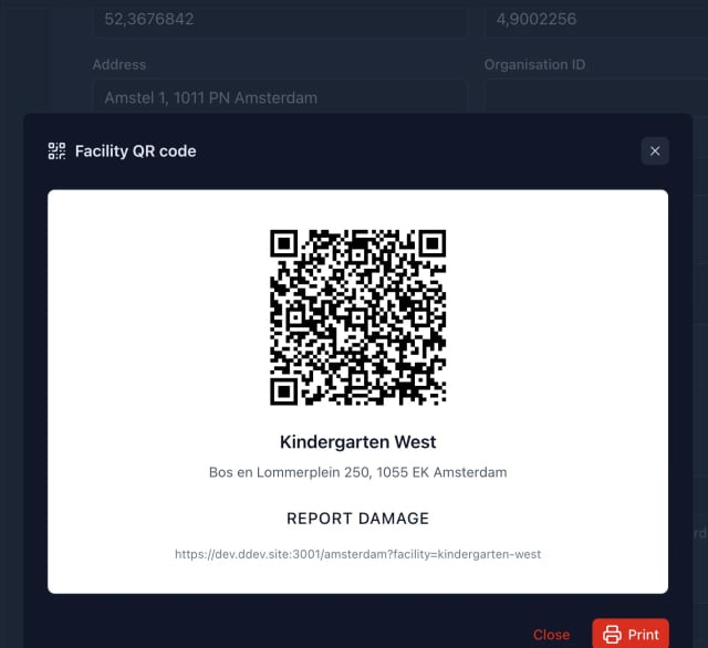 Tableau de bord d'administration Mark-a-Spot avec un code QR et un lien de signalement dédié pour un site d'exemple