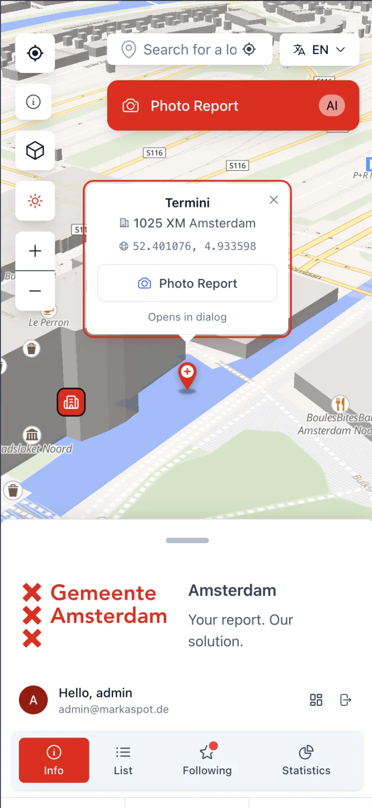 Vue mobile Mark-a-Spot : signalement placé à l'intérieur du périmètre d'un site exemple