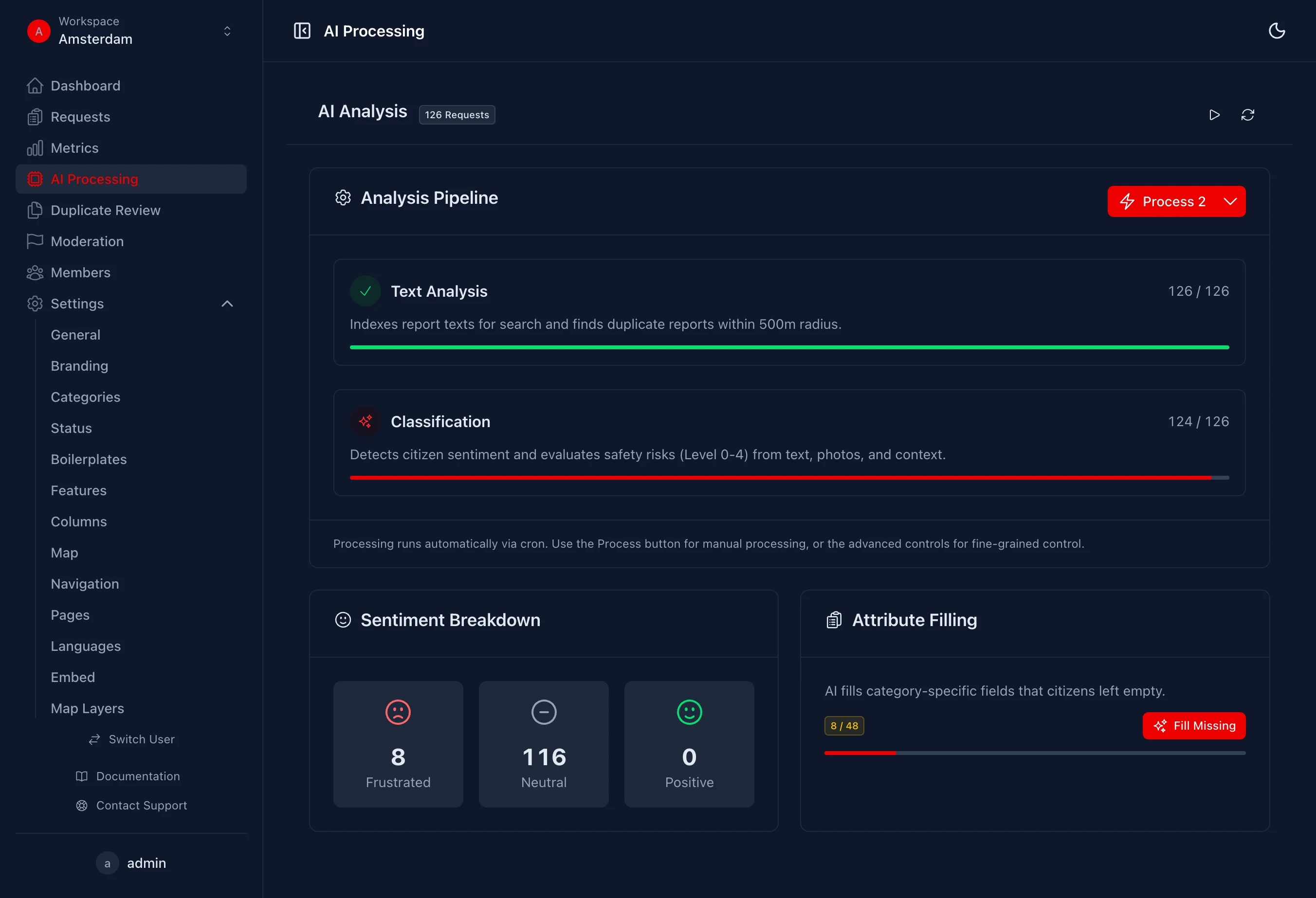 KI-Analyse einer Meldung im Sachbearbeiter-Dashboard
