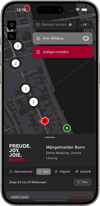 Mängelmelder Bonn - Mobile App Übersicht mit Karte