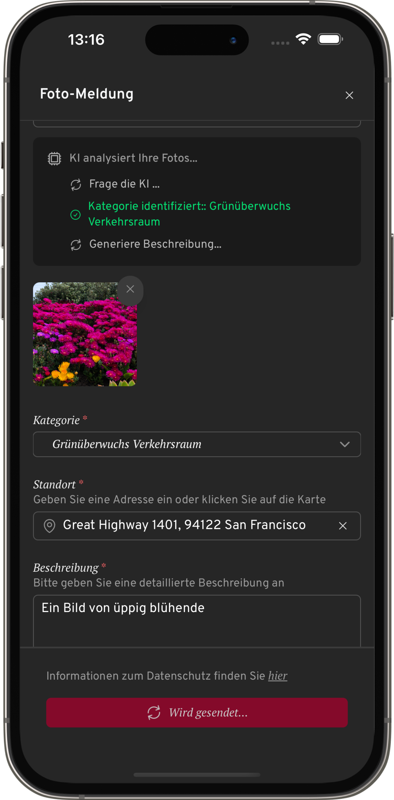 Capture d'écran : l'IA reconnaît le problème sur la photo et suggère la catégorie appropriée (anliegen.bonn.de)