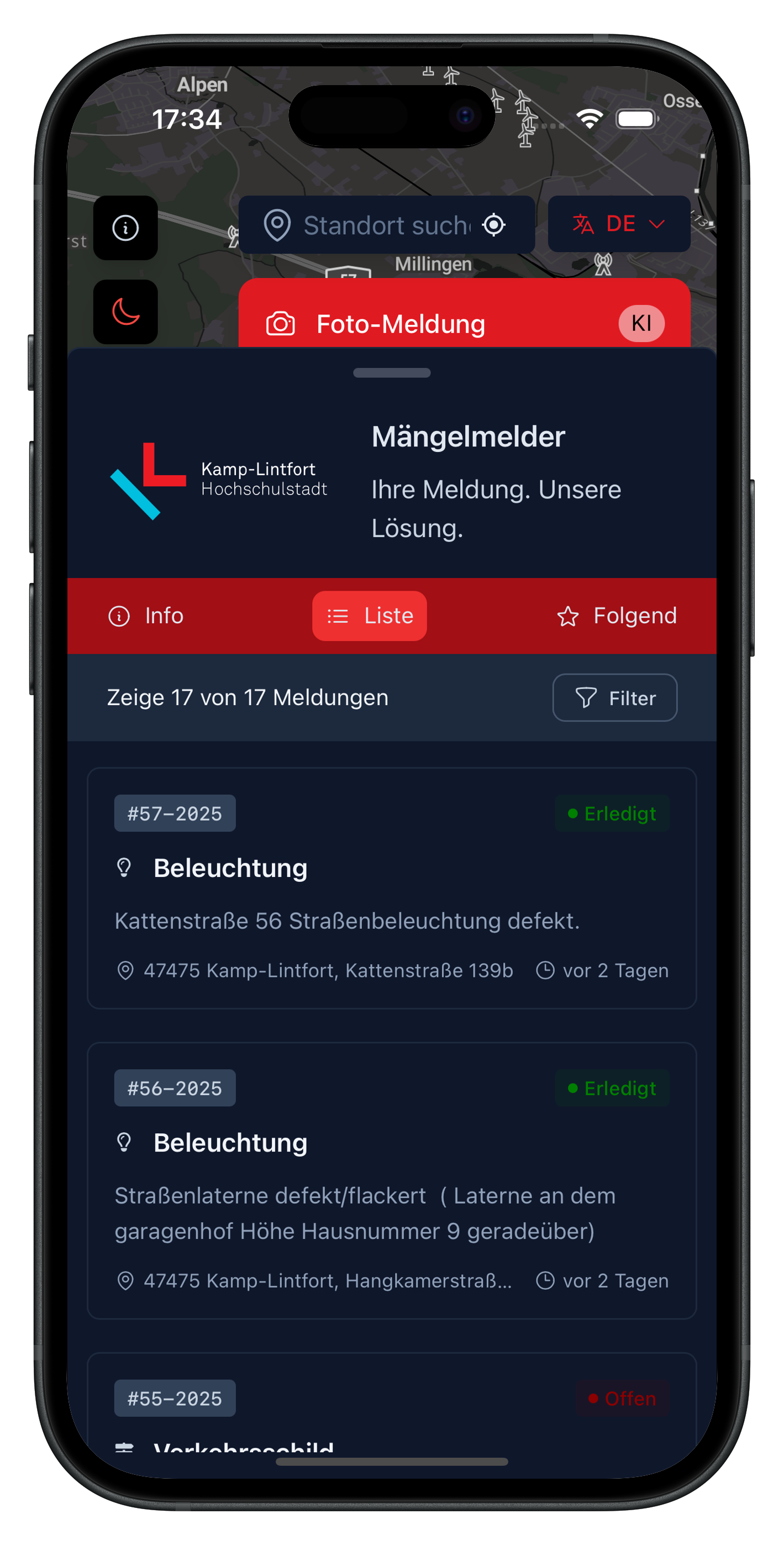 Capture d'écran : Système de signalement Kamp-Lintfort avec vue carte et catégories (anliegen.kamp-lintfort.de)